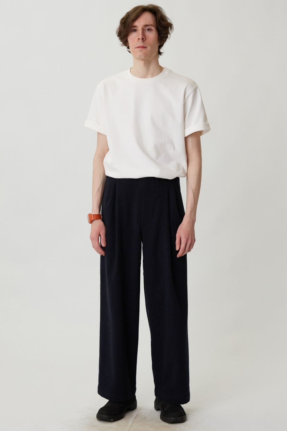 Брюки мужские со складками из шерсти в полоску