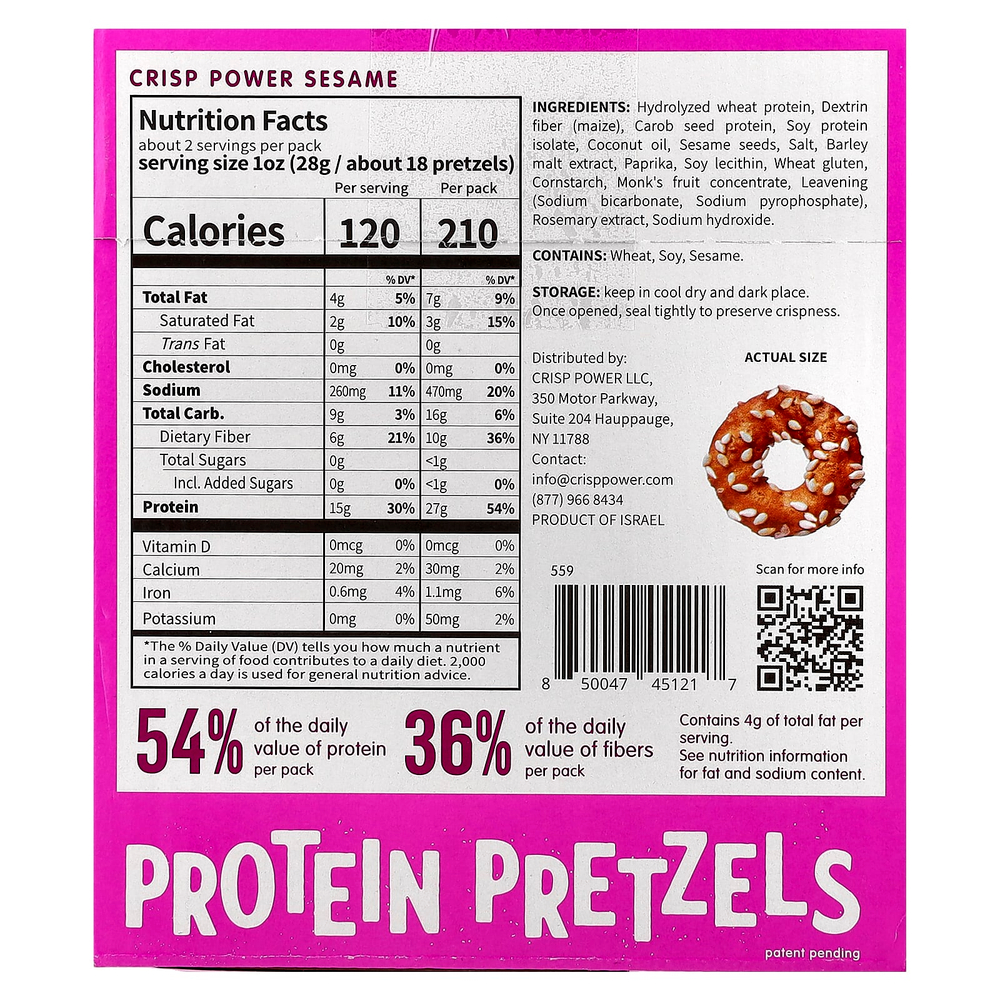Crisp Power, Протеиновые крендели с кунжутом, 6 пакетиков по 50 г (1,75 унции)