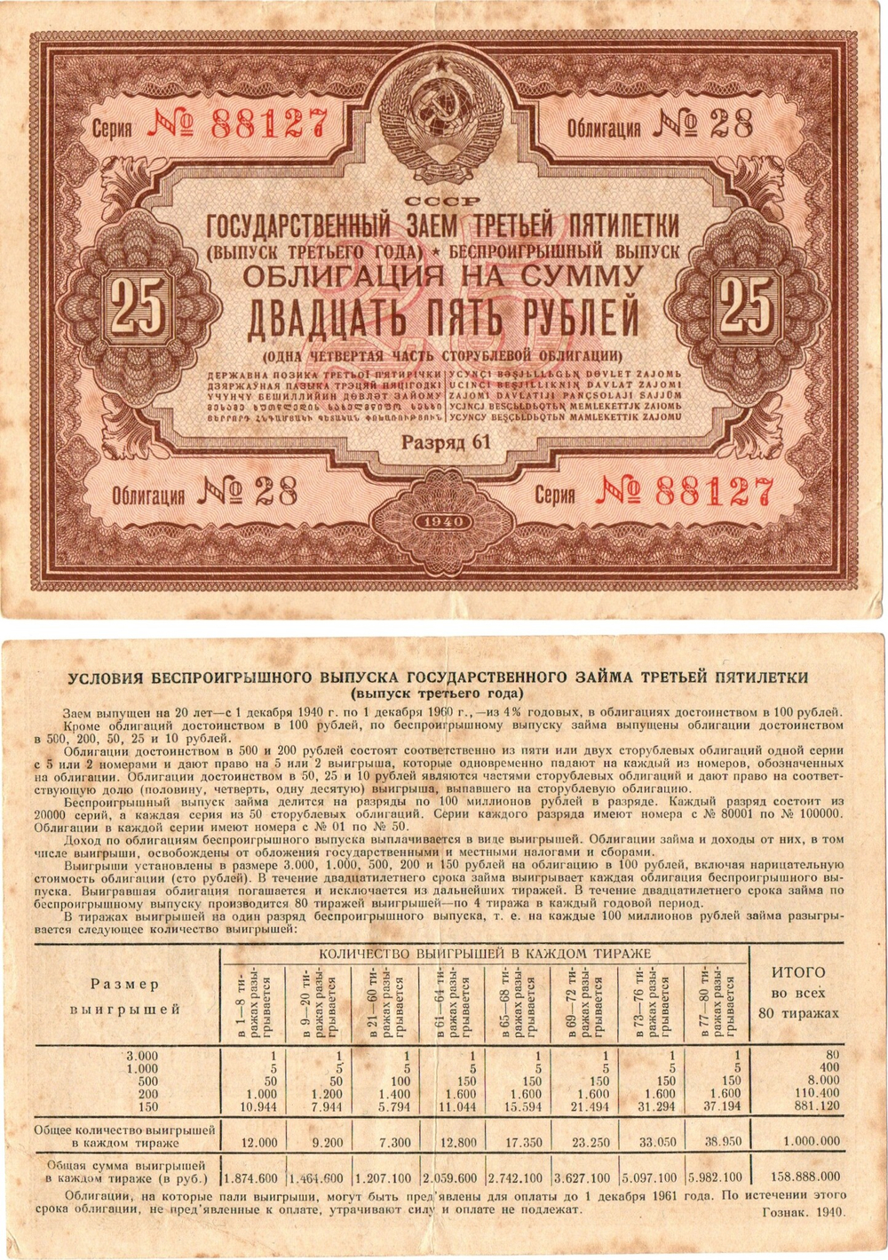 Облигация 25 рублей 1940 год. Заем 3-ей пятилетки. Серия № 88127