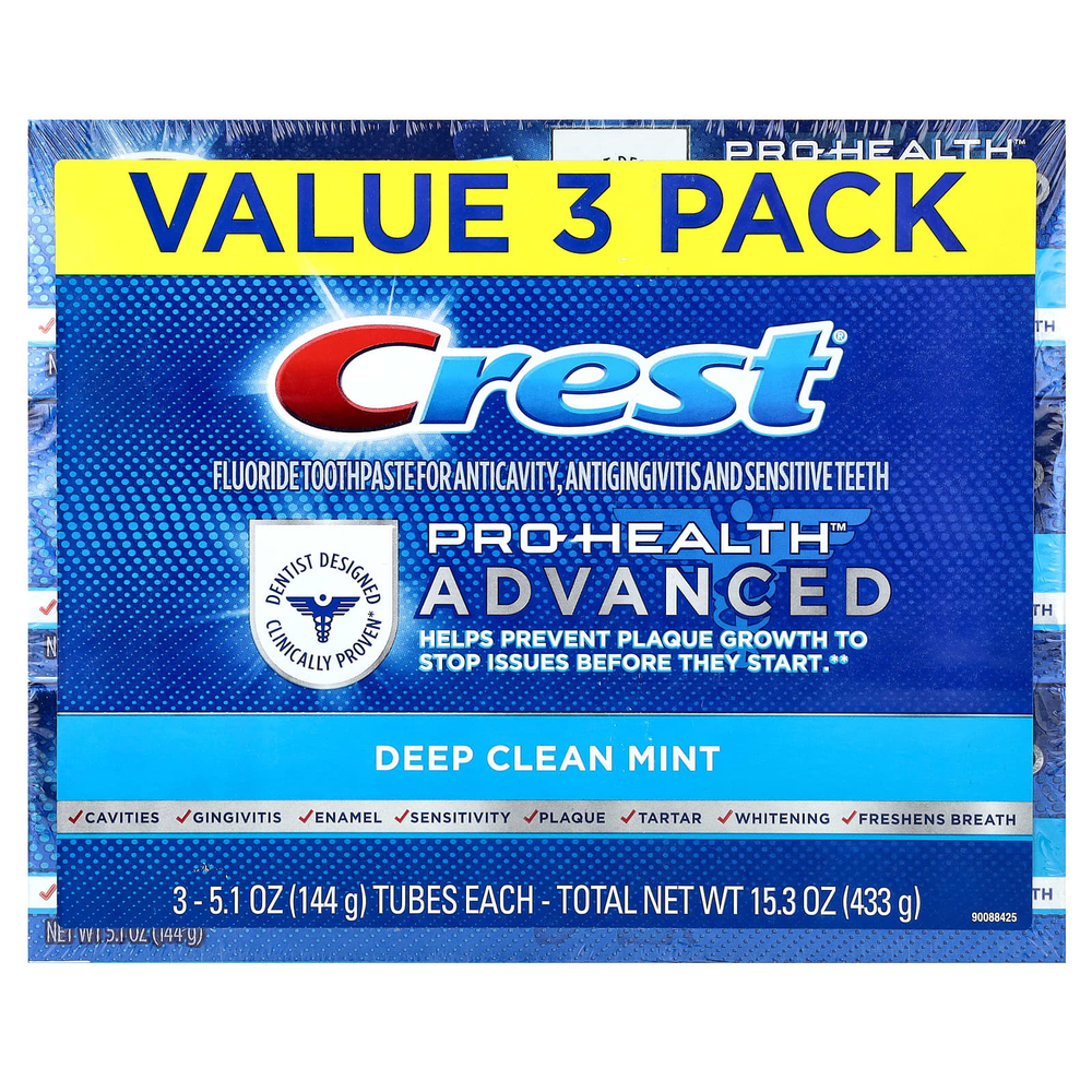 Crest, Pro-Health Advanced, зубная паста с фторидом, глубокое очищение, мята, 3 тюбика по 144 г (5,1 унции)