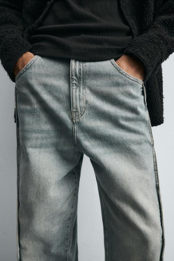 ZARA ДЖИНСЫ BAGGY FIT С ДЕКОРАТИВНОЙ СТРОЧКОЙ, СИНИЙ/ЗЕЛЕНЫЙ