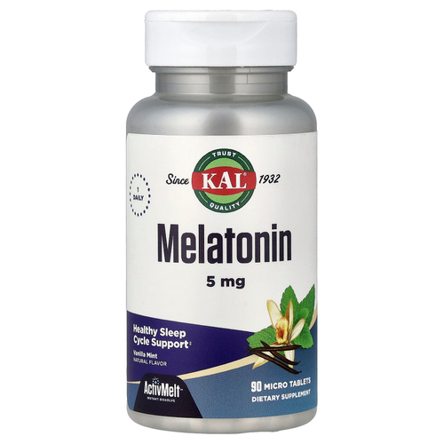 KAL, мелатонин, со вкусом ванили и мяты, 90 микротаблеток