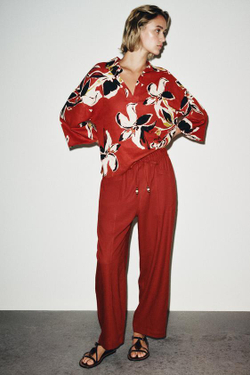 ZARA БРЮКИ ИЗ ЛЬНА СО ШНУРКОМ И БУСИНАМИ, ЧЕРЕПИЧНЫЙ