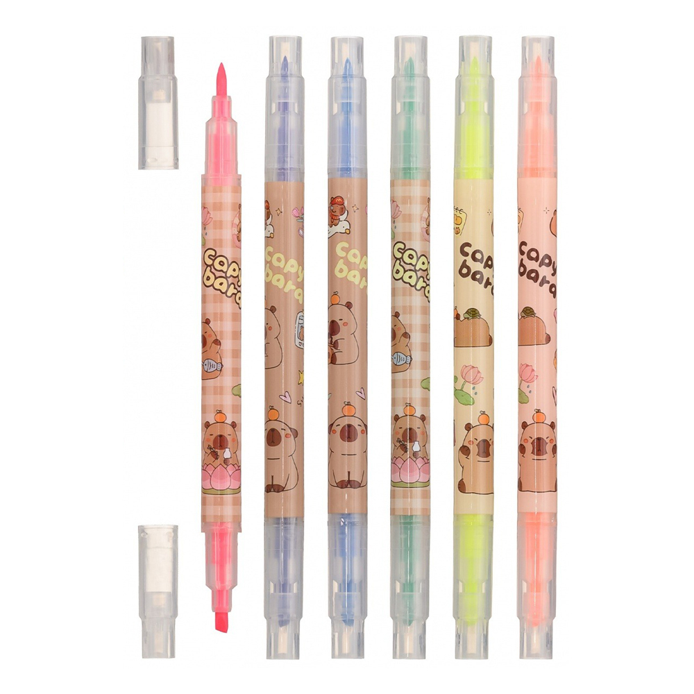 Маркер текстовыделитель, двусторонний, Basir, серия "Капибара", с рисунком на корпусе, 6 цветов