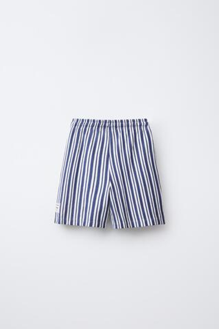 ZARA ШОРТЫ В ПОЛОСКУ С НАШИВКОЙ, ЭКРЮ/ТЕМНО-СИНИЙ