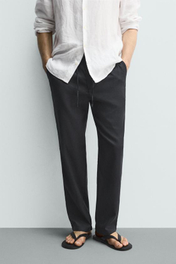 ZARA БРЮКИ RELAXED FIT ИЗ ХЛОПКА И ЛЬНА, МОРСКОЙ СИНИЙ