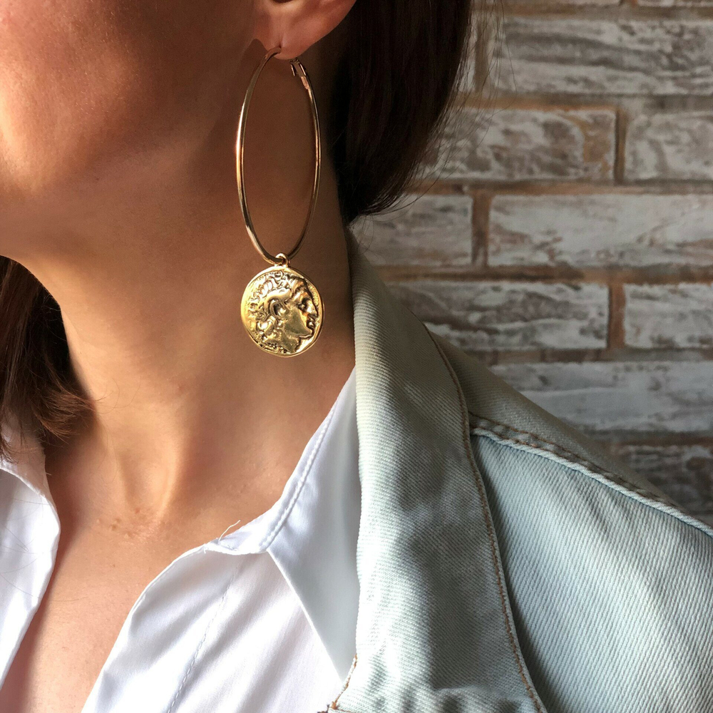 Серьги-конго со съемными монетами диаметром 2,6 см, цвет золото, Италия