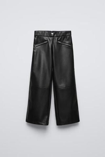 ZARA ШИРОКИЕ БРЮКИ С КОЖАНЫМ ЭФФЕКТОМ, ЧЕРНЫЙ