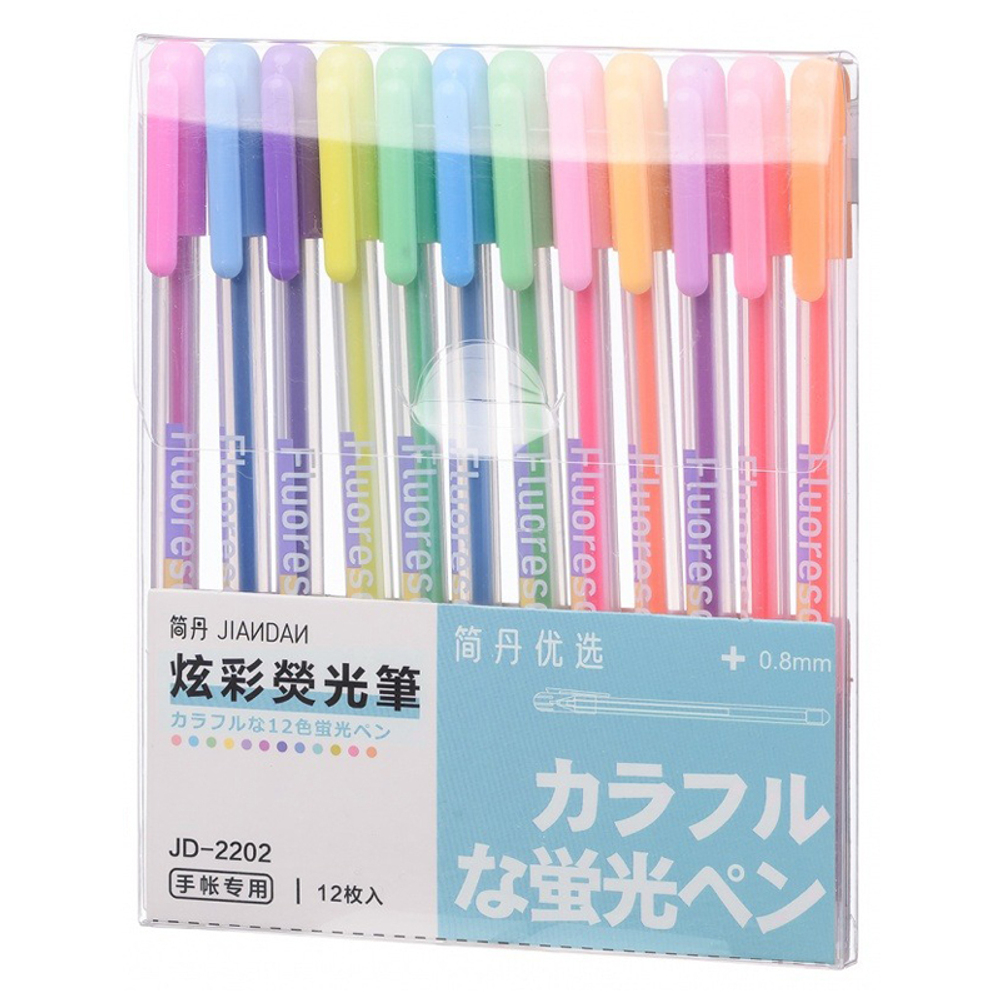 Ручка гелевая, Jiandan, цветные чернила, серия "Pastel", флуоресцентная, 12 шт
