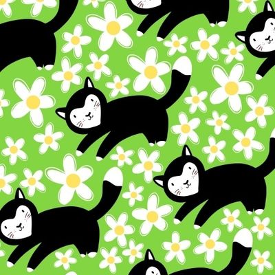 Котики и цветы на зелёном фоне (детский фон)