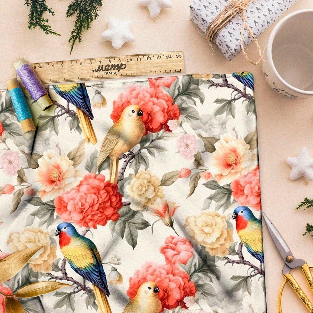 Ткань премиум шелк искусственный Армани попугаи в крупных цветах