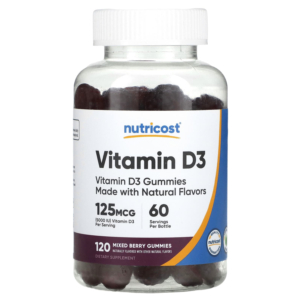 Nutricost, Жевательные мармеладки с витамином D3, ягодное ассорти, 120 жевательных мармеладок (62,5 мг в 1 жевательной мармеладке)
