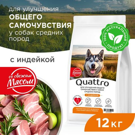 Корм сухой для взрослых собак средних пород, премиум полнорационный комплекс, улучшение общего самочувствия, с индейкой, 12 кг, QUATTRO