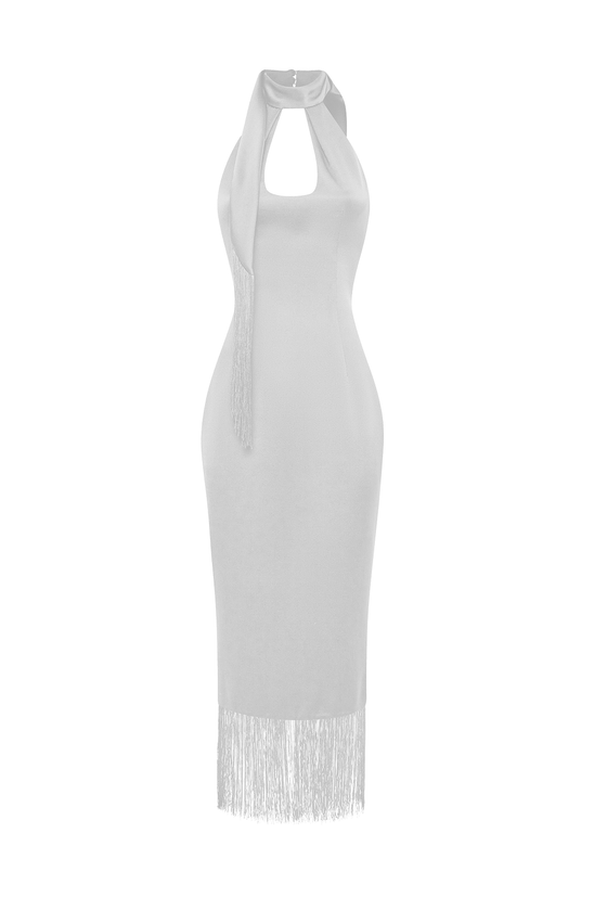 Платье миди из сатина с отделкой из бахромы