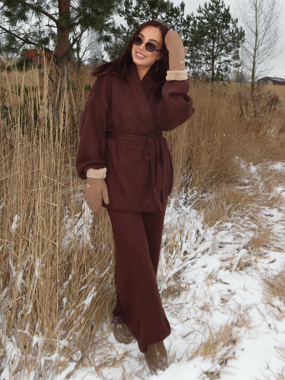 Комплект вязаный, кардиган с поясом и брюки