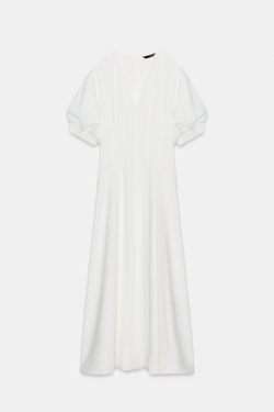 ZARA ПЛАТЬЕ МИДИ С ОБЪЕМНЫМИ РУКАВАМИ, ЖЕЛТОВАТО-БЕЛЫЙ