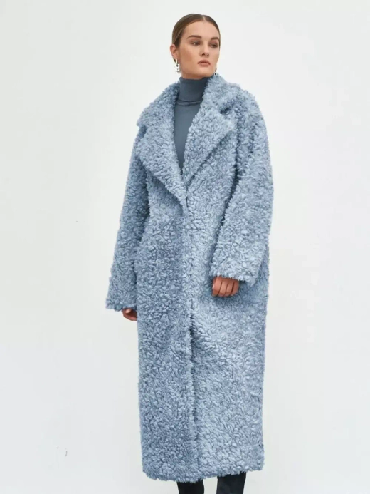 Шуба чебурашка длинная из овечьей шерсти, голубая, SilverFox