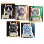 Тетрадь 12л., клетка, Alingar, скрепка, блок офсет, 100% белизна, мелованный картон (стандарт), "Милые котята", 5 дизайнов в пленке т/у