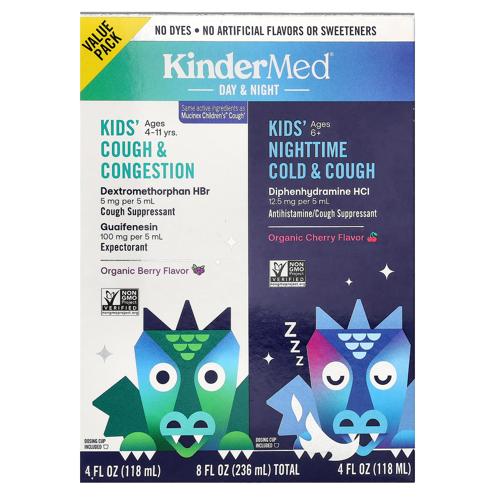 KinderFarms, KinderMed®, Kids Day & Night, средство от кашля, заложенности носа и простуды, 2 флакона по 118 мл (4 жидк. унции)