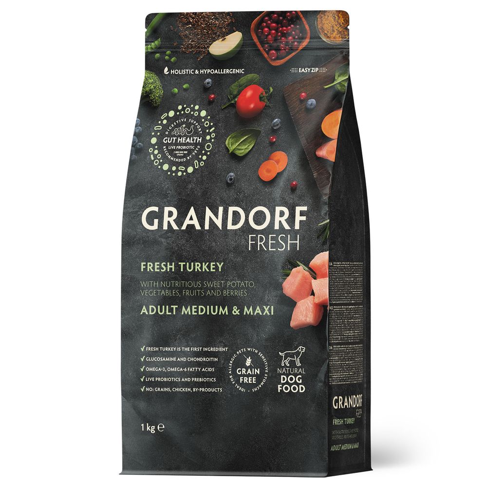 Беззерновой корм с живыми пробиотиками GRANDORF Fresh Dog Adult Med&amp;Maxi Turkey&amp;Sweet Potato cвежее мясо индейки с бататом 1 кг