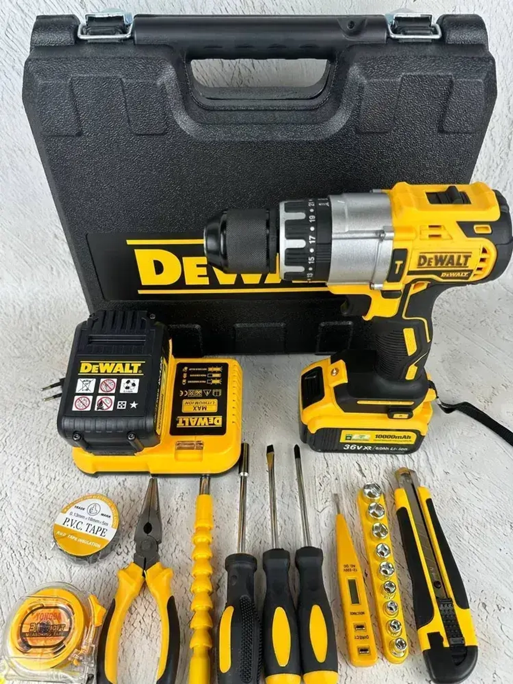 Дрель шуруповерт аккумуляторная ударная Dewalt 36В 2 АКБ в кейсе с набором инструментов