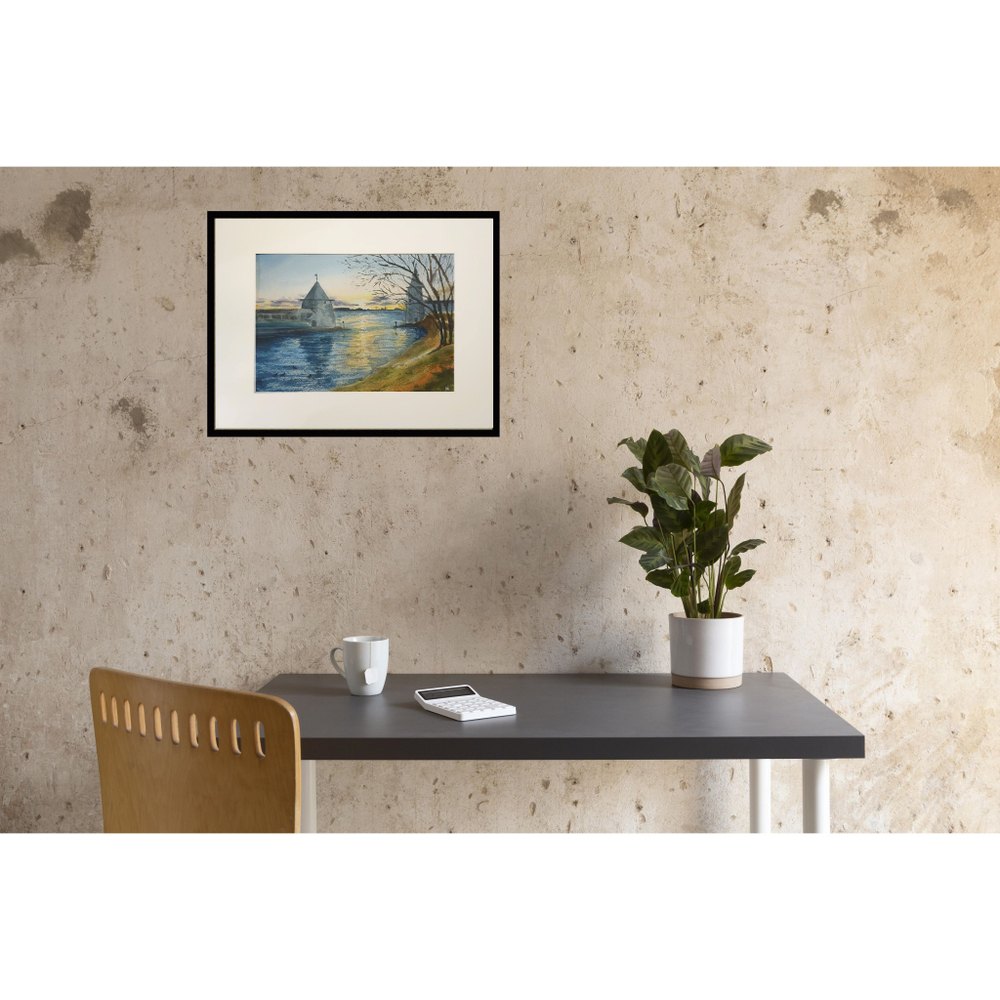 Картина авторская акварельная в паспарту 30х40 см на стену для интерьера "На берегу Псковы"