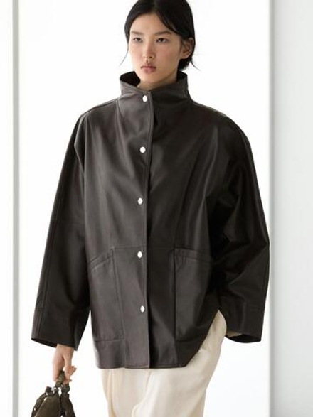 Massimo Dutti Парка-кейп из кожи наппа, коричневый