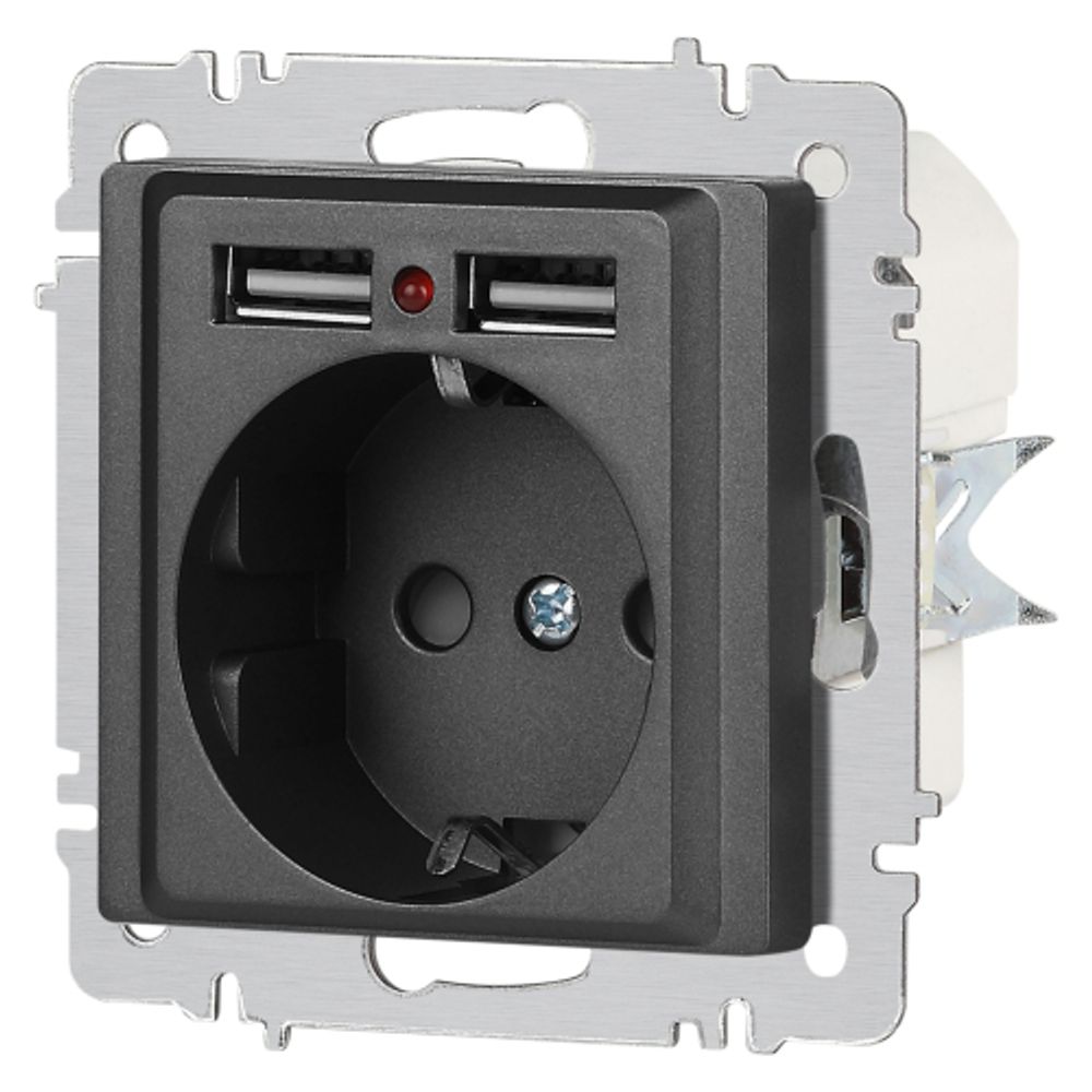 Розетка Intro Accent 6-410-07 с заземлением 2P+E Schuko со шторками 16А-250В + 2хUSB IP20 СУ графит | Intro
