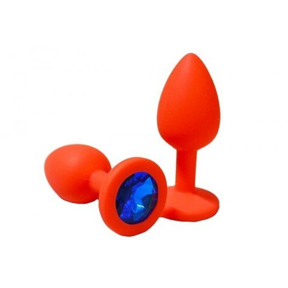 Анальная пробка из красного силикона с синим кристаллом (размер S)