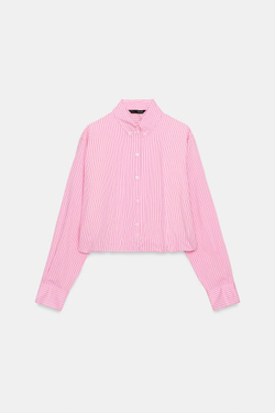 ZARA РУБАШКА ИЗ ПОПЛИНА В ПОЛОСКУ С РУКАВАМИ-БУФФ, РОЗОВЫЙ/БЕЛЫЙ
