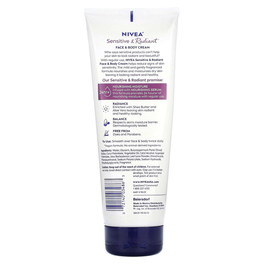 Nivea, Крем для лица и тела с питательной сывороткой для чувствительной и сияющей кожи, 192 г (6,8 унции)