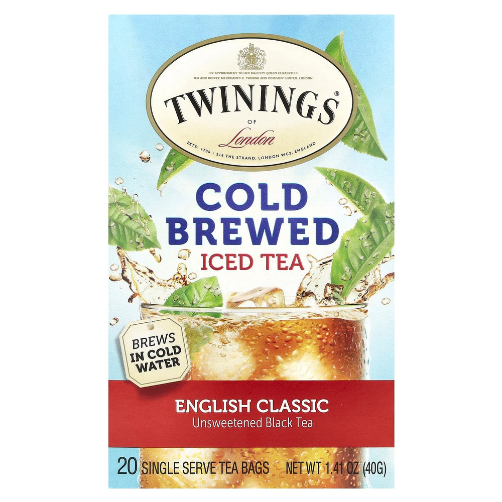 Twinings, Холодный чай со льдом, несладкий черный чай, классический английский, 20 чайных пакетиков на одну порцию, 40 г (1,41 унции)