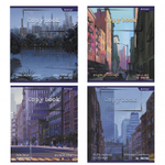 Тетрадь 36 л., А5, линия, Alingar "Вечерний город", скрепка, второй блок 60г/м2, мелованный картон (стандарт), 4 дизайна в пленке т/у