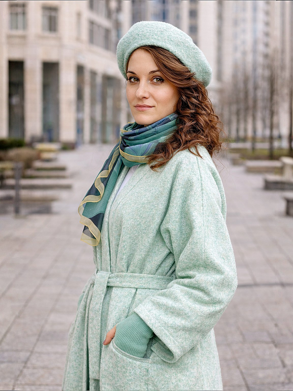 Кафтан -пальто с поясом без подкладки /шалфей