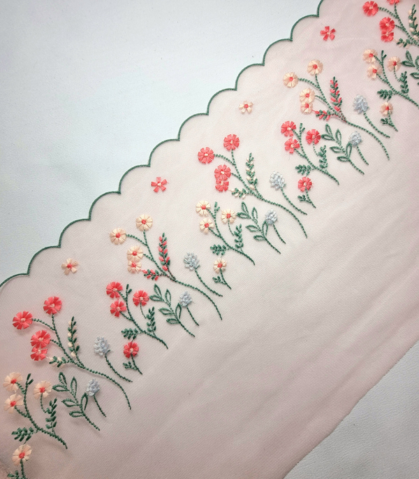 Вышивка на сетке малоэластичная цветы на розовом К115 правая