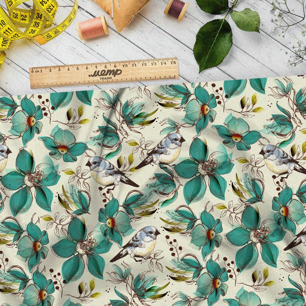 Ткань габардин бирюзовые цветы с птицами