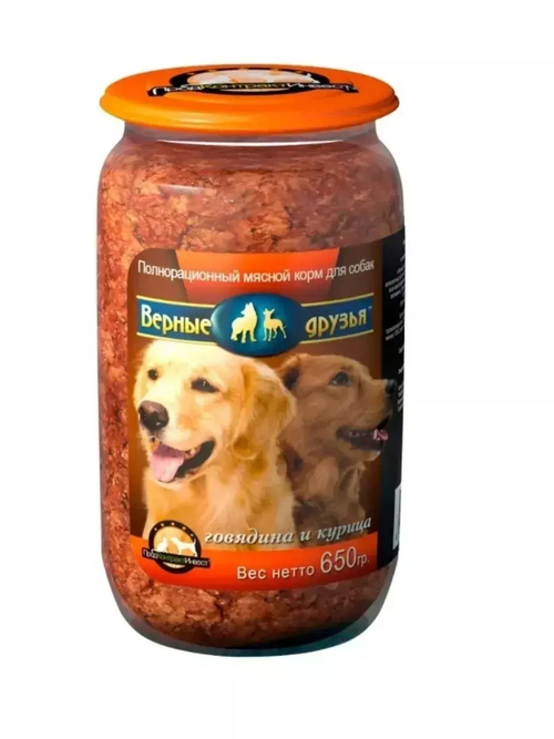 Паштет Верные друзья для взрослых собак, в стеклянной банке, говядина курица, 8 шт x 650 г