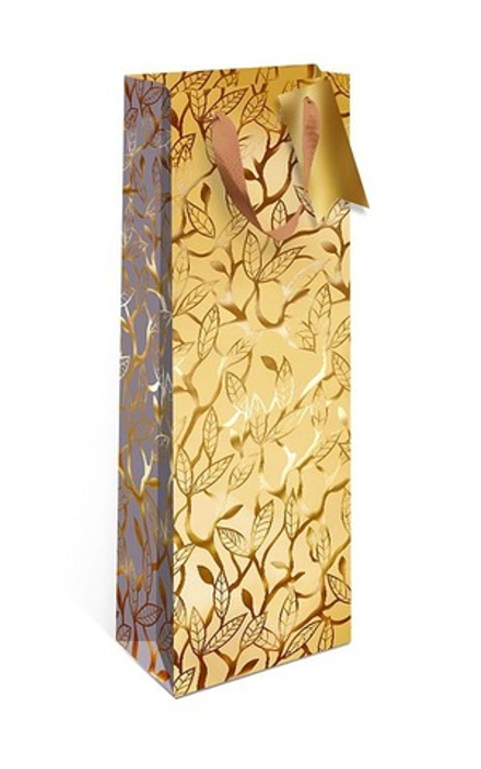 Пакет подарочный для вина, Листья, Золото, Металлик, 36*12*9 см, 1 шт.