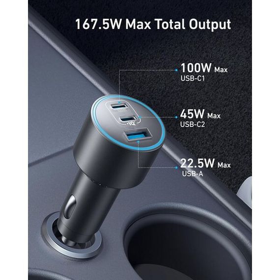 Автомобильное зарядное устройство Anker Nano Car Charger USB-C 167.5 Вт 3 порта (B2737HA1) Black