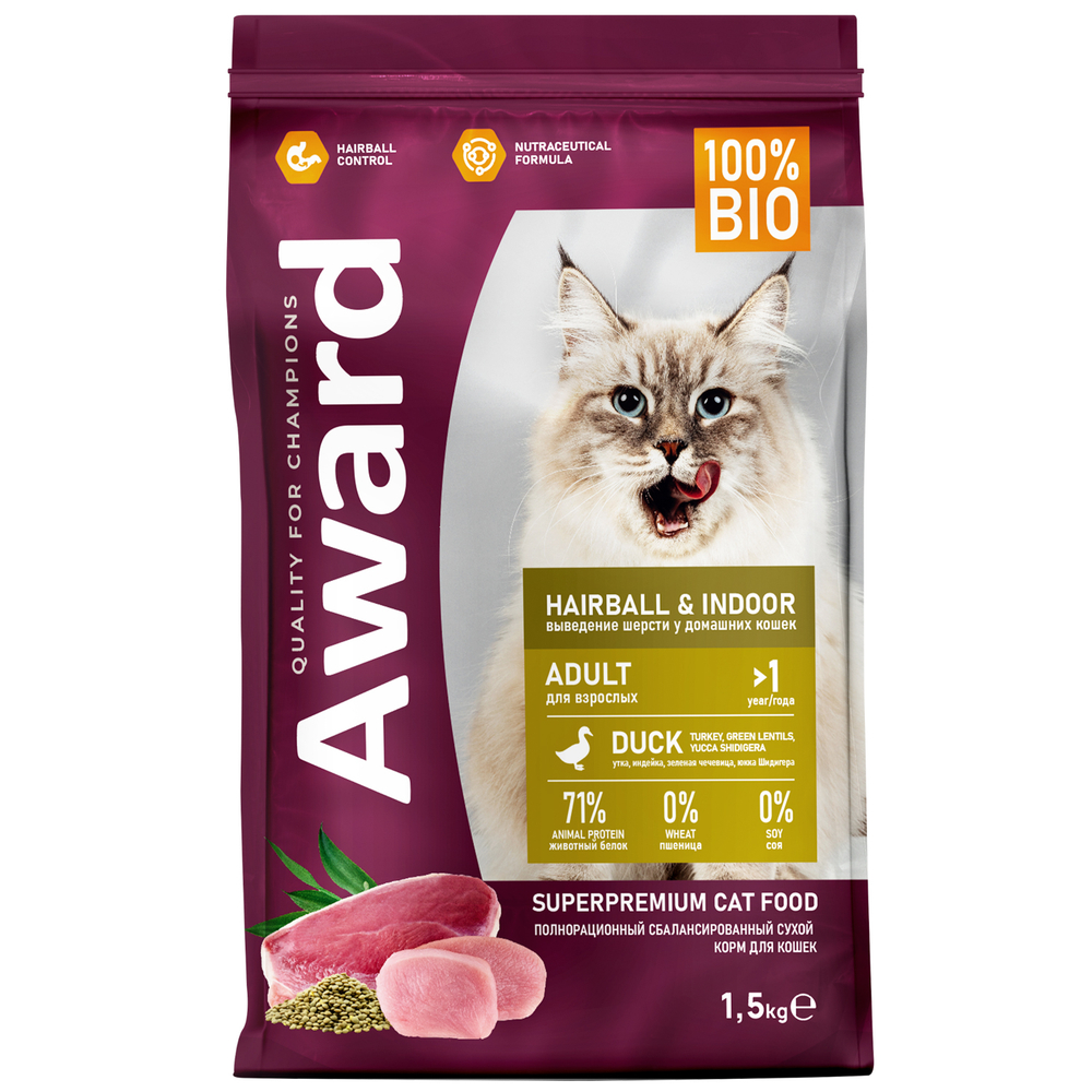 Сухой корм AWARD Hairball & Indoor для взрослых кошек для выведения шерсти с уткой 1,5кг