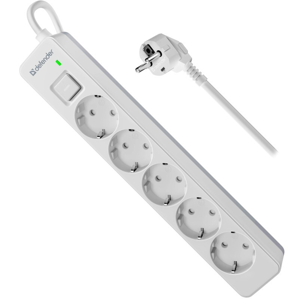 Удлинитель с сетевым фильтром Defender DFS 135, белый, 5 розеток, 5 м.