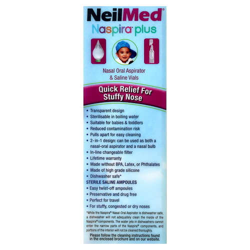 NeilMed, Naspira® Plus, назально-оральный аспиратор и флаконы с солевым раствором, для младенцев и детей, набор из 17 предметов