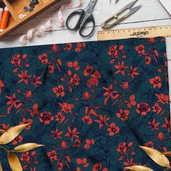Ткань флис красные цветы узорные