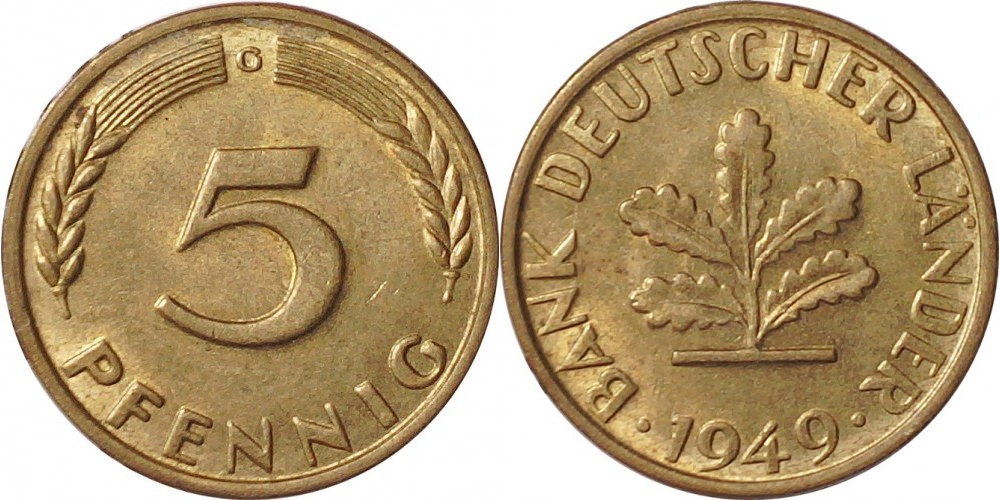 Германия 5 пфеннигов, 1949 Дубовые листья XF