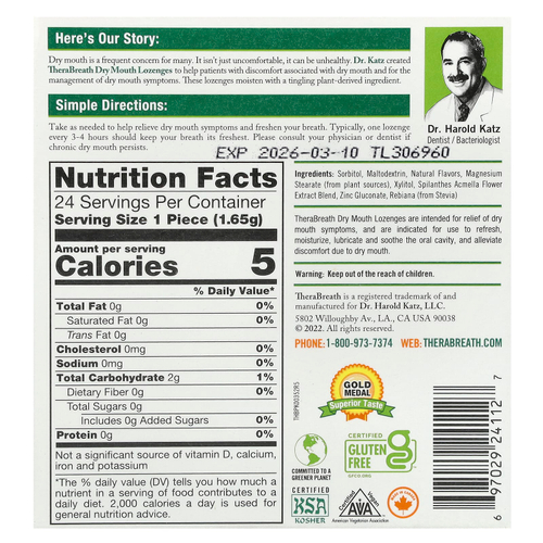 TheraBreath, Леденцы для сухого рта, мандарин и мята, 24 леденцы без сахара