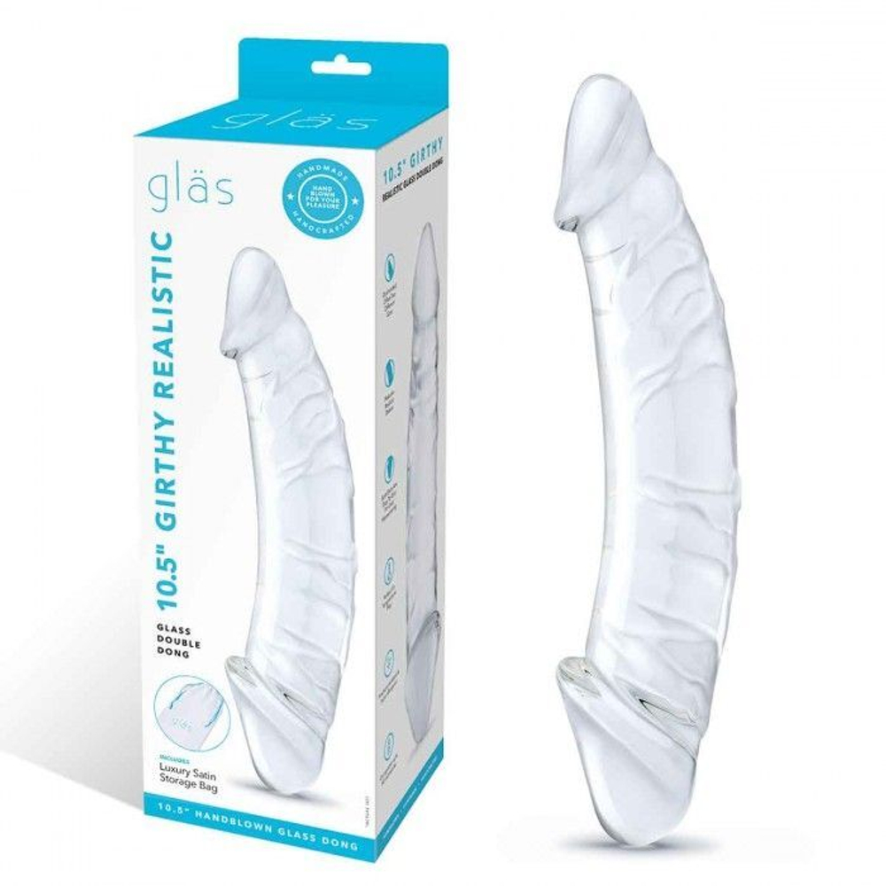 Прозрачный двухголовый стимулятор с рельефом 10,5 Girthy Realistic Glass Double Dong - 26,7 см. (Цвет: прозрачный)