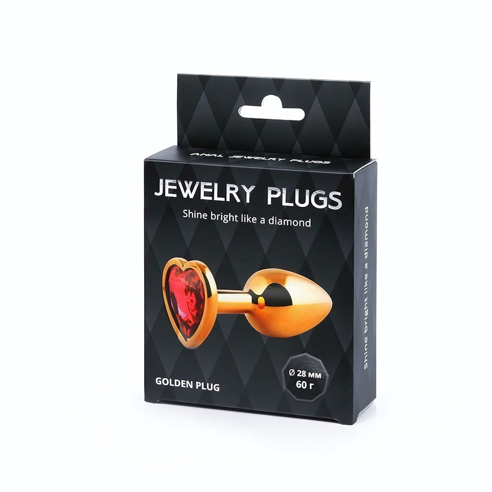 Золотистая анальная пробка с красным стразом-сердечком - 7 см. (Цвет: красный)