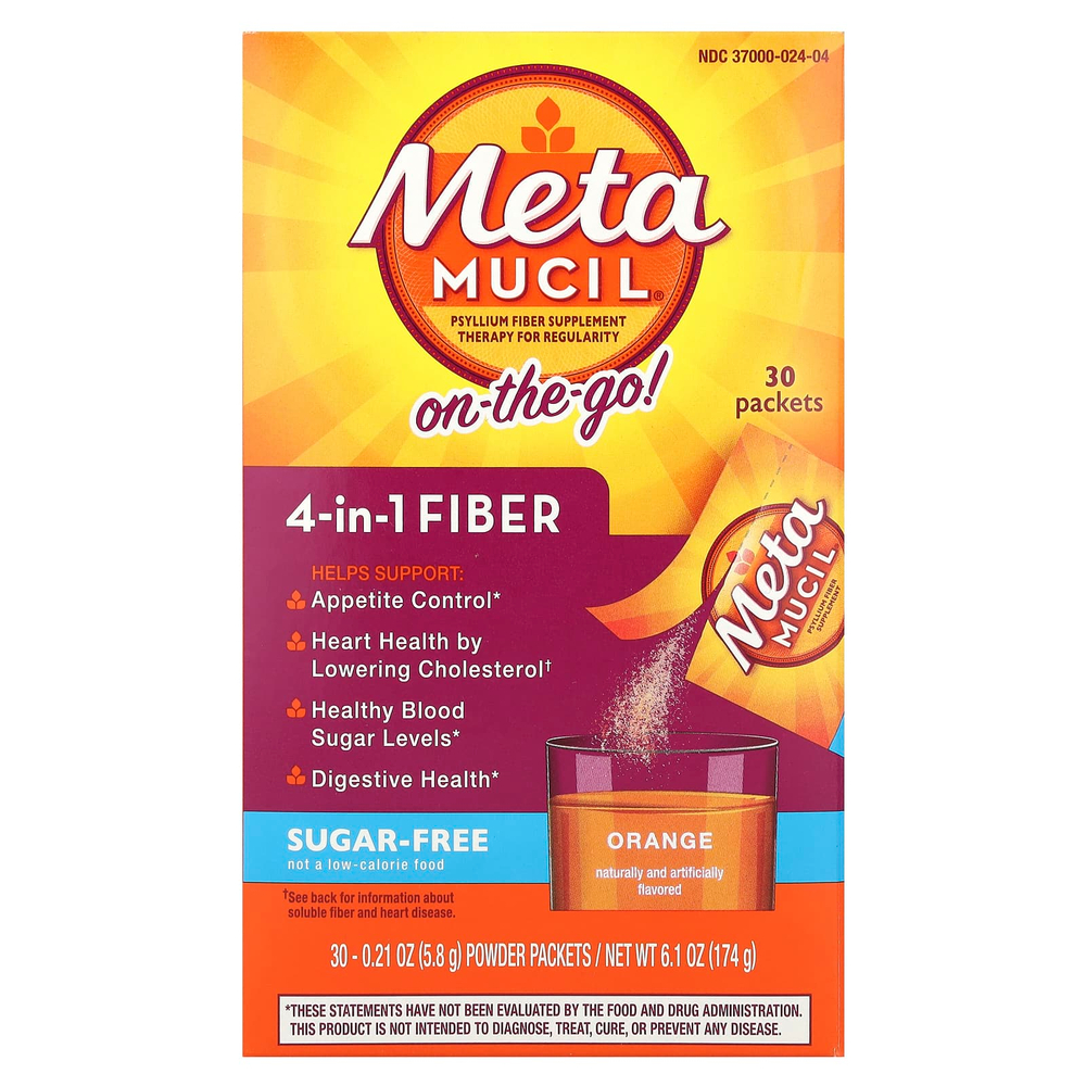 Metamucil, On-The-Go, 4 в 1 клетчатка, апельсин, без сахара, 30 пакетиков с порошком по 5,8 г (0,21 унции)