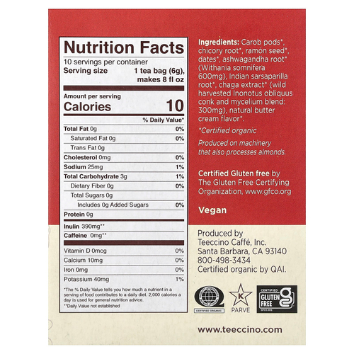 Teeccino, органический травяной чай с грибами, чага и ашваганда, крем из ириски, без кофеина, 10 чайных пакетиков, 60 г (2,12 унции)