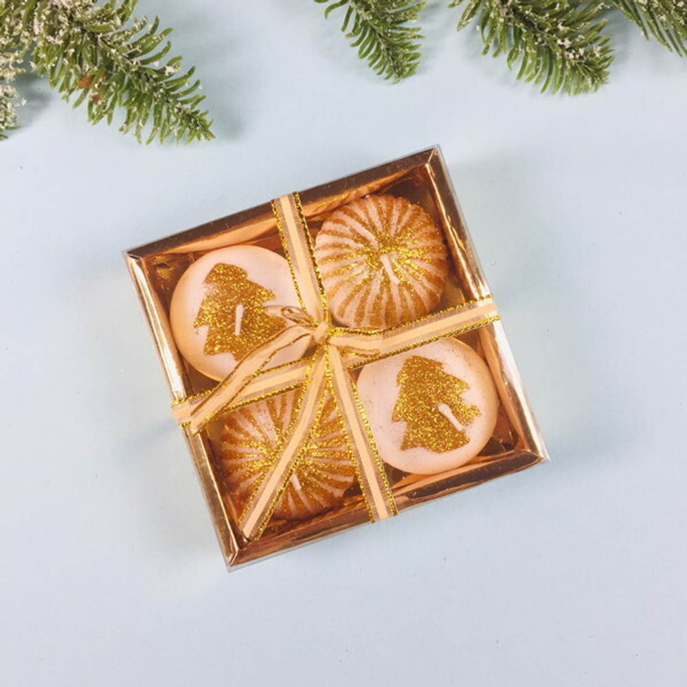 Свечи новогодние «Сказка» 10,5*10,5*3 см (набор 4 шт), золото (микс дизайнов)